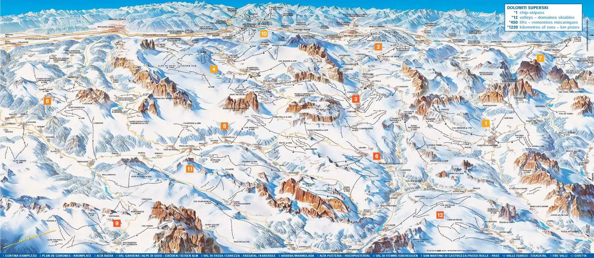 The full map of all the resorts in the Dolomiti Ski Region