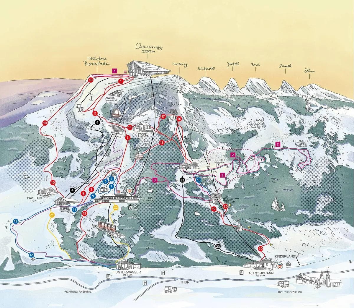 Chäserrugg – Unterwasser (Toggenburg) complete trail map showing all ski runs and lifts