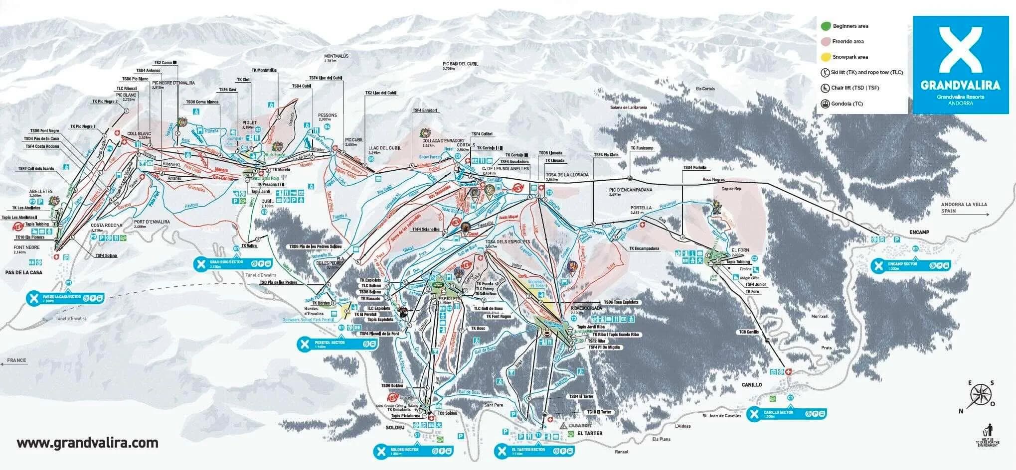 Grandvalira complete trail map showing all ski runs and lifts
