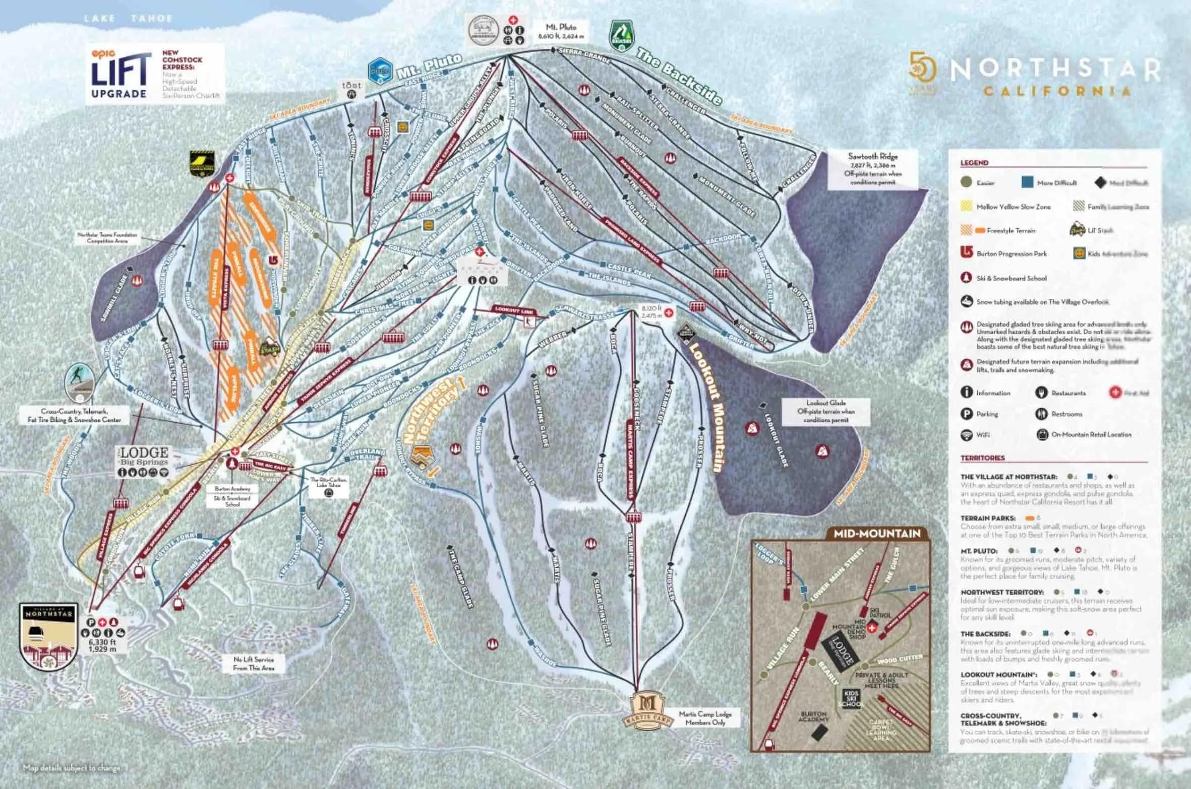 Northstar complete trail map showing all ski runs and lifts
