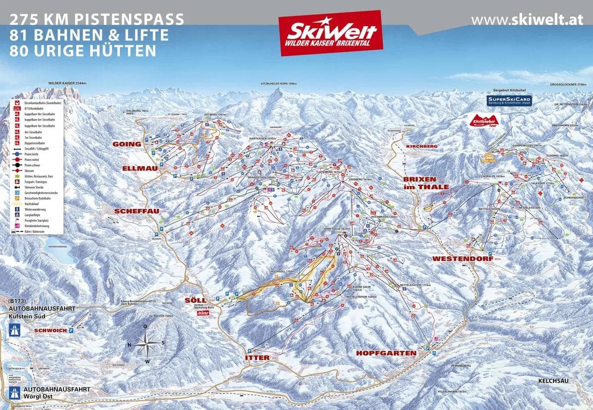 SkiWelt Wilder (Kaiser-Brixental) complete trail map showing all ski runs and lifts