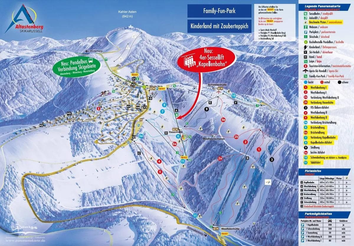 Altastenberg complete trail map showing all ski runs and lifts