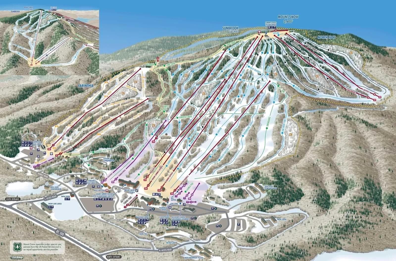 Mount Snow complete trail map showing all ski runs and lifts