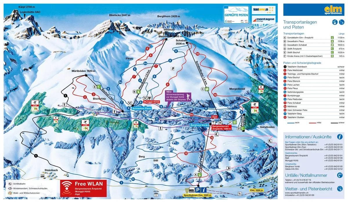 Elm im Sernftal complete trail map showing all ski runs and lifts