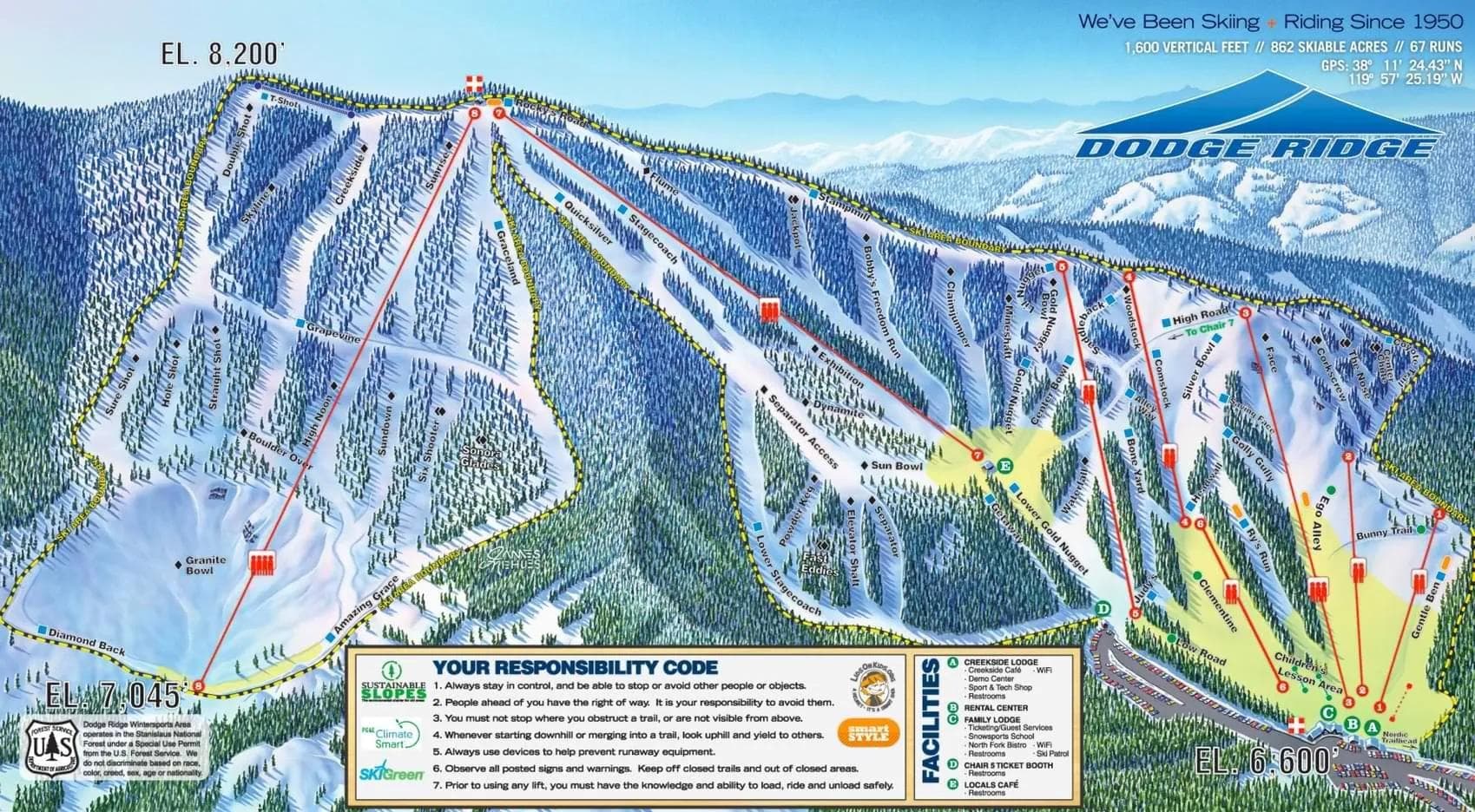 Dodge Ridge complete trail map showing all ski runs and lifts