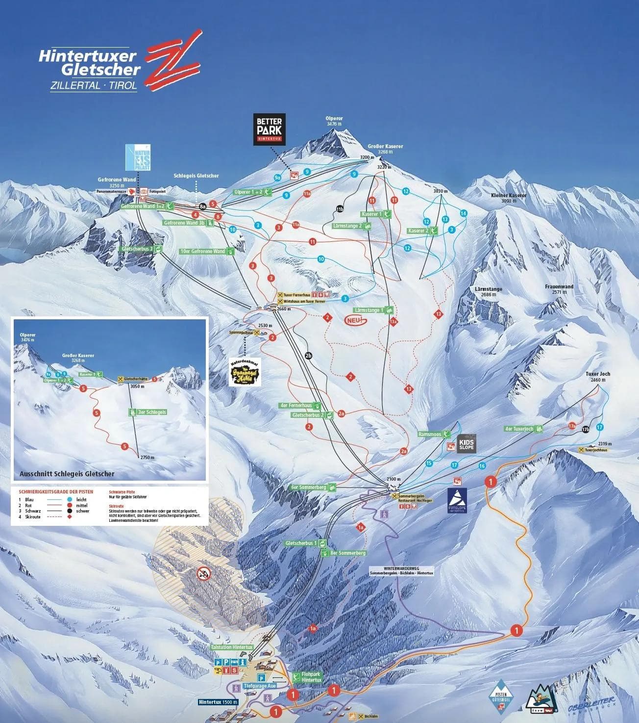 Hintertux Glacier complete trail map showing all ski runs and lifts