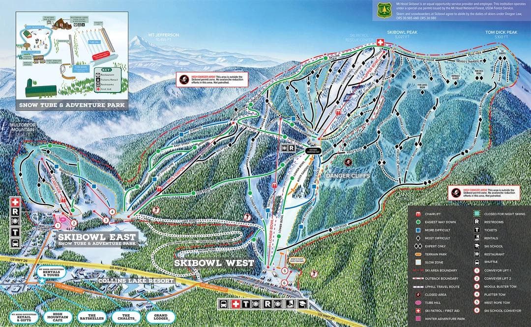 Mt Hood Skibowl complete trail map showing all ski runs and lifts