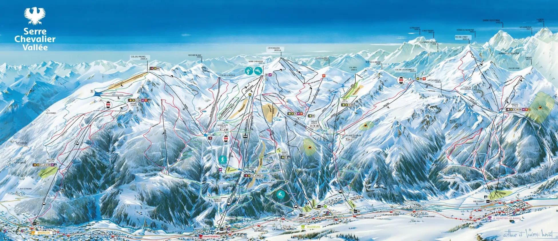 Serre Chevalier complete trail map showing all ski runs and lifts