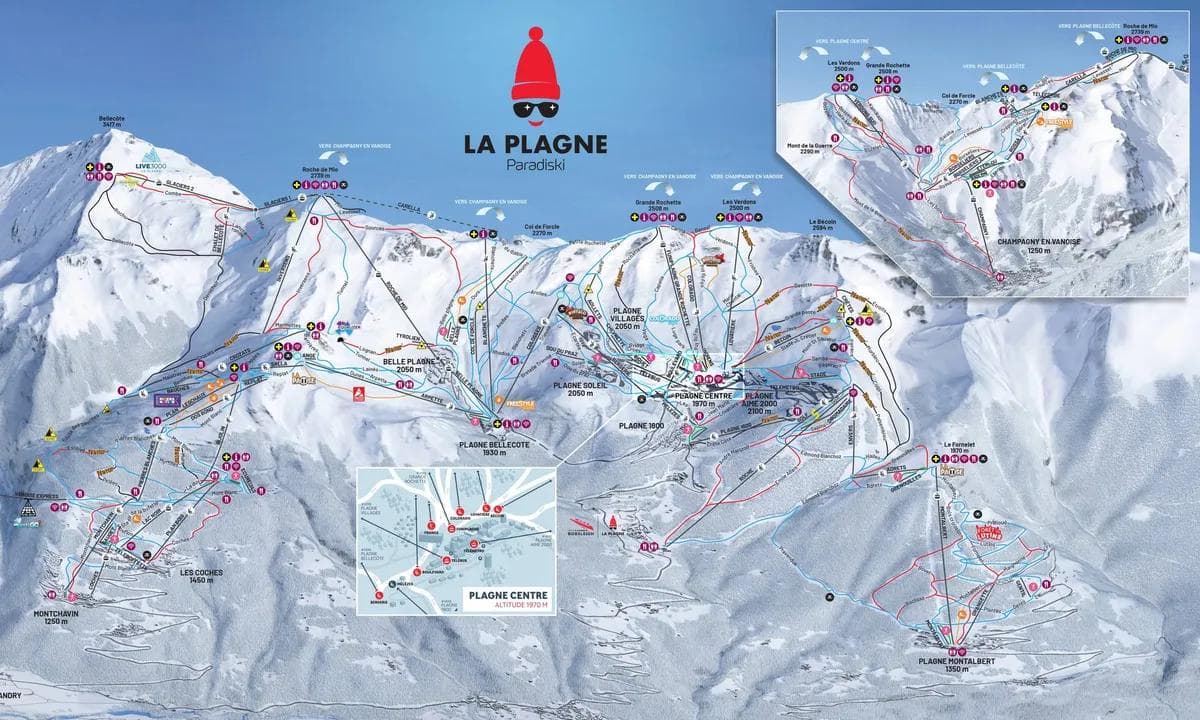 La Plagne complete trail map showing all ski runs and lifts