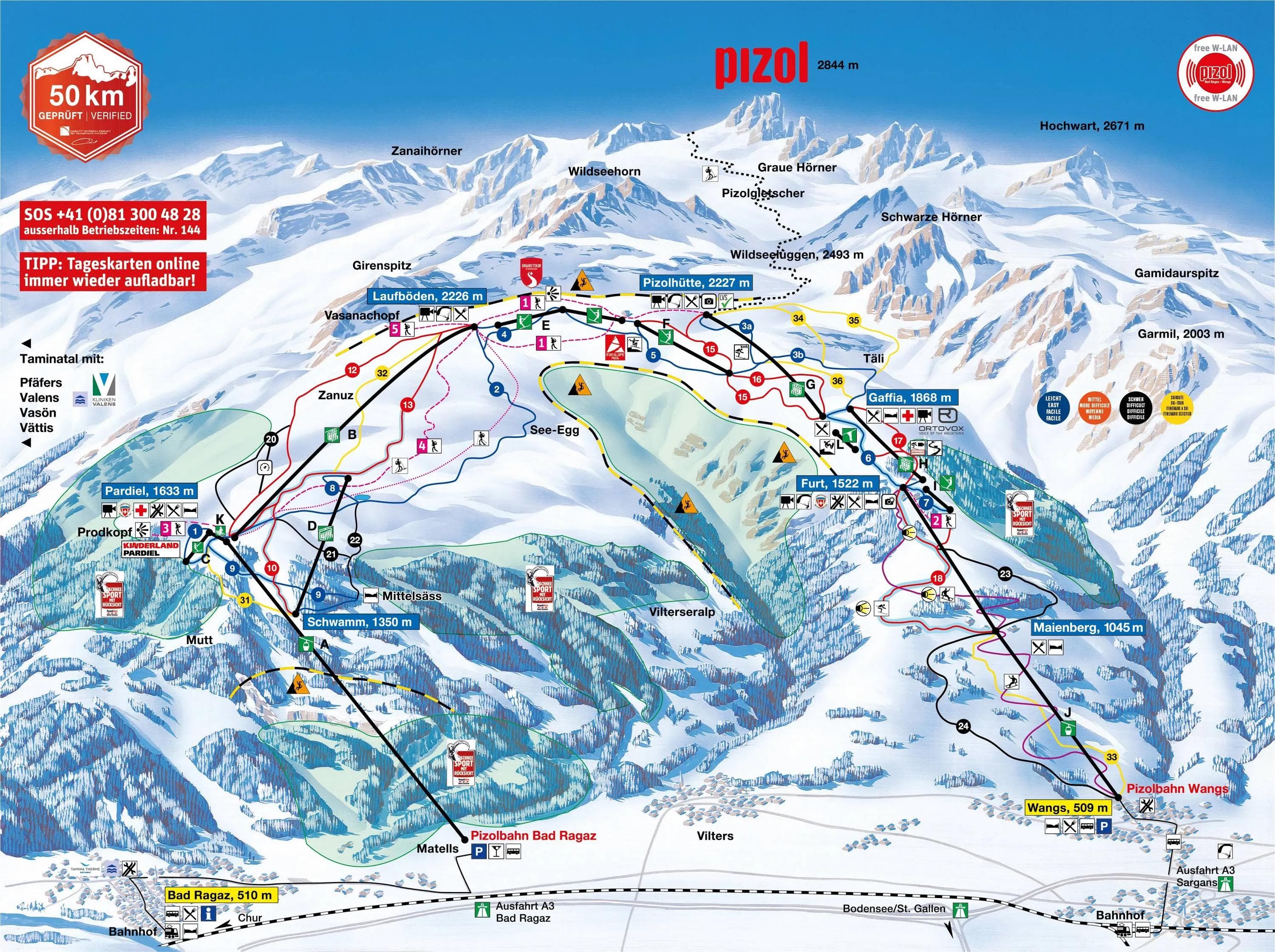 Pizol Bad Ragaz complete trail map showing all ski runs and lifts