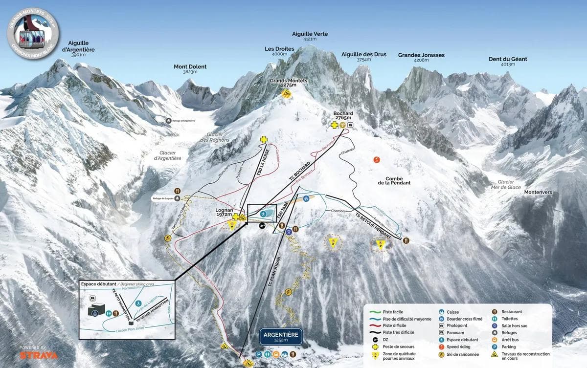 Grands Montets (Chamonix) complete trail map showing all ski runs and lifts