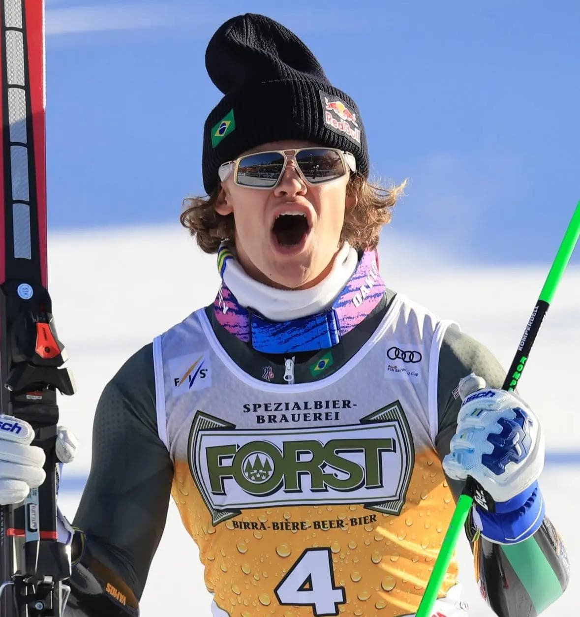 Lucas Braathen as he finishes knowing he has won another podium for Brazil.