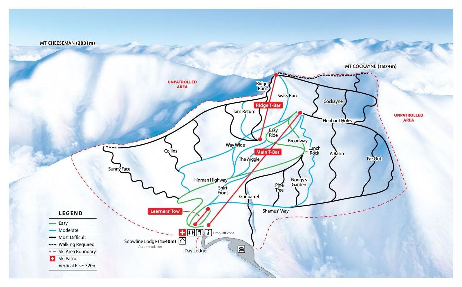 Mt Cheeseman complete trail map showing all ski runs and lifts