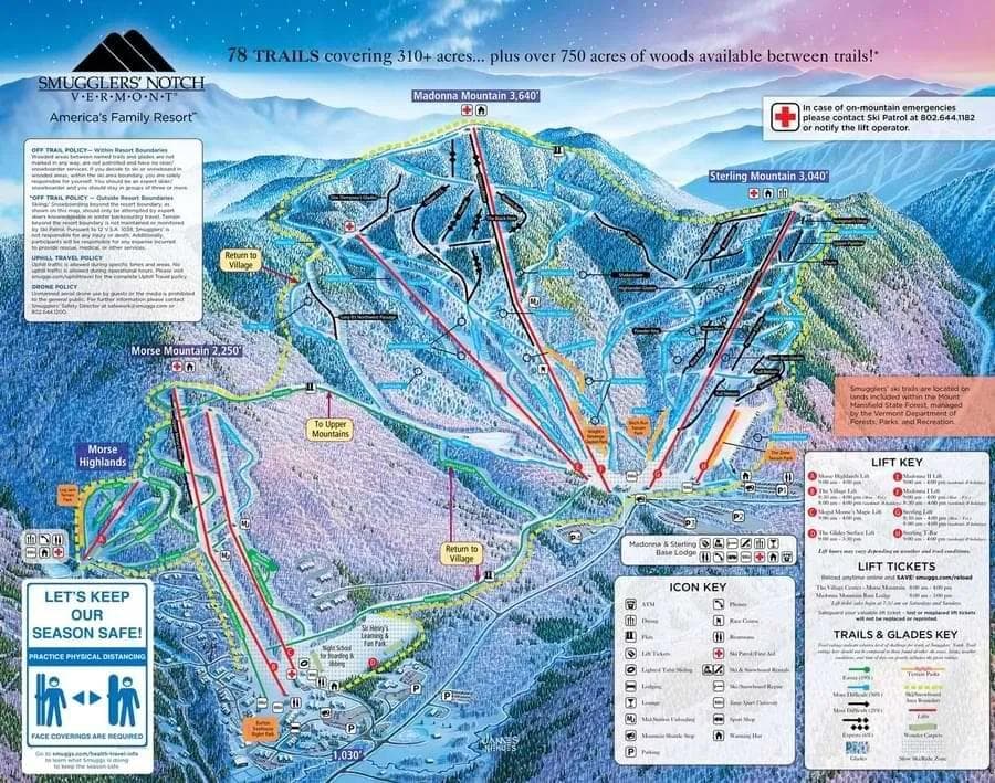 Smugglers Notch complete trail map showing all ski runs and lifts