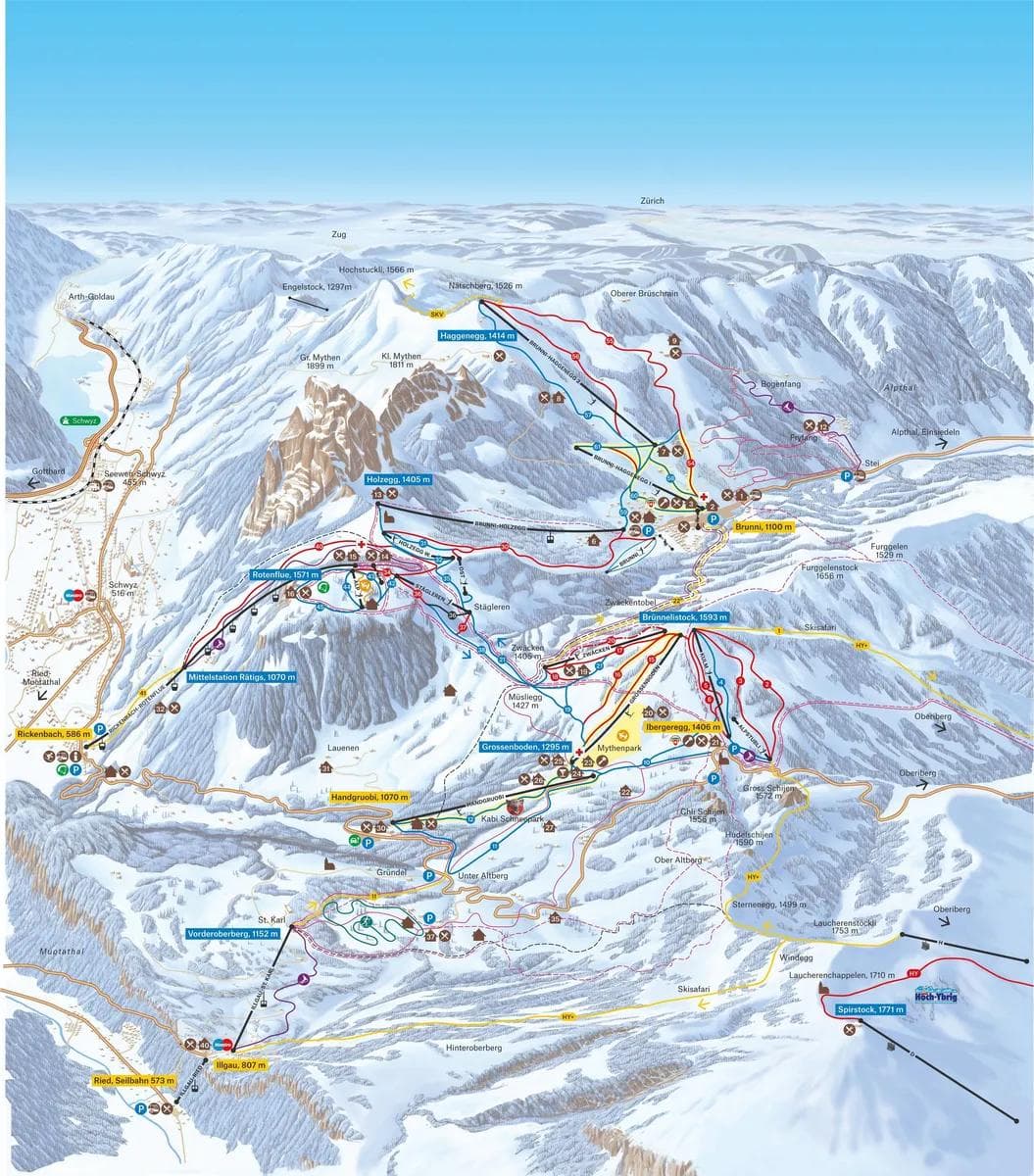 Mythenregion complete trail map showing all ski runs and lifts