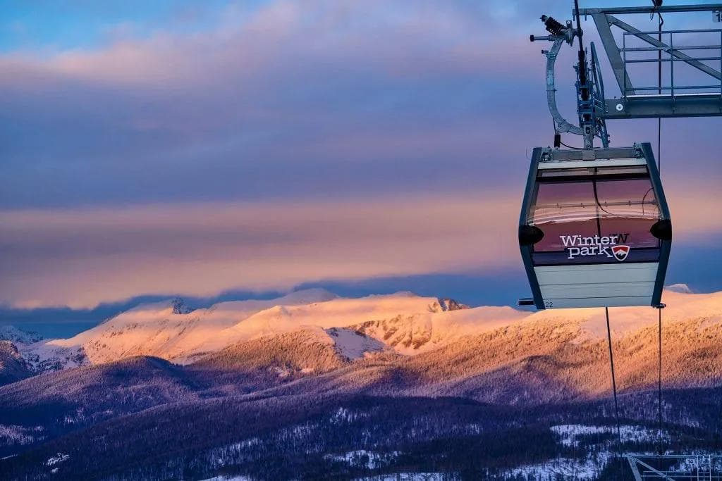 The Winter Park gondola rising in the morning sun.