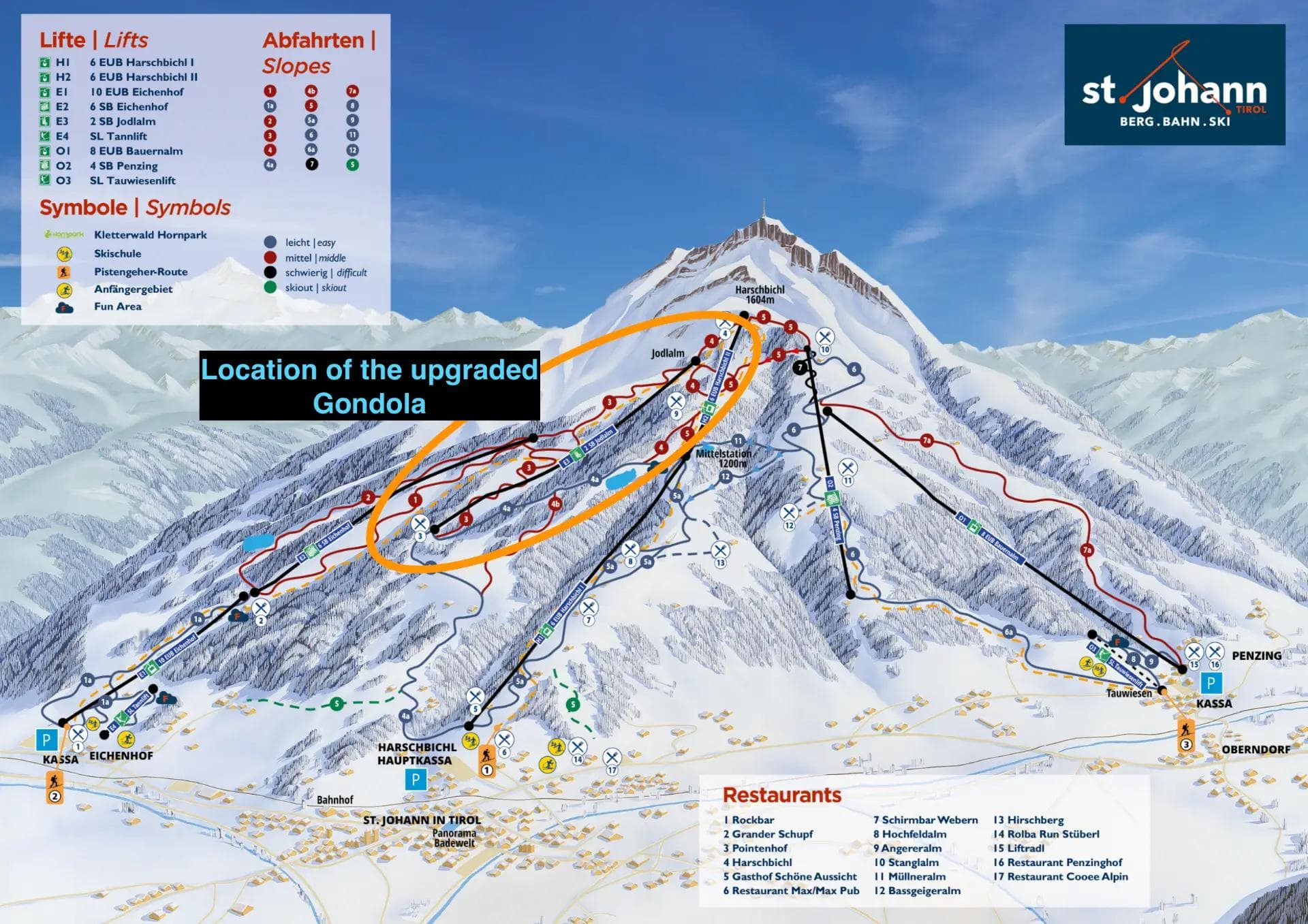The trail map showing the location of the new gondola at St Johann in Tirol.