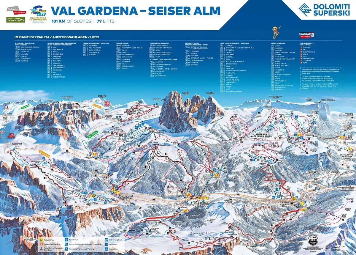 Val Gardena (Gröden) complete trail map showing all ski runs and lifts