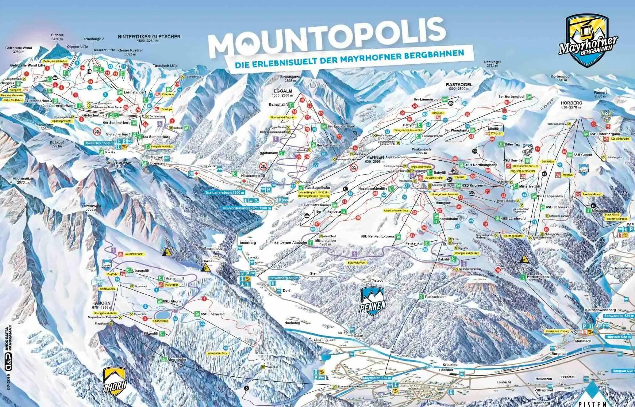 Mayrhofen complete trail map showing all ski runs and lifts