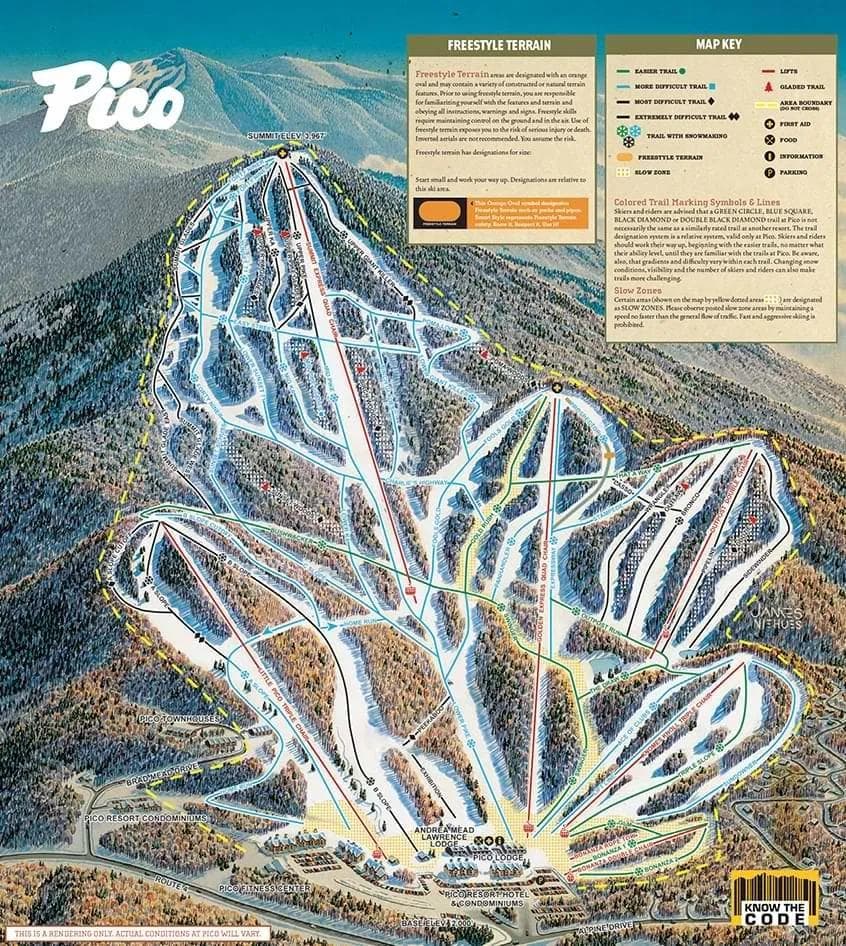 Pico Mountain complete trail map showing all ski runs and lifts