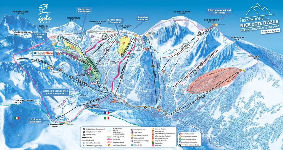 Isola 2000 complete trail map showing all ski runs and lifts