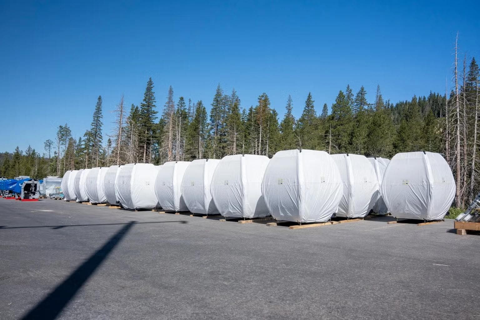 The new gondola cabins wrapped and waiting to go onto the new line.