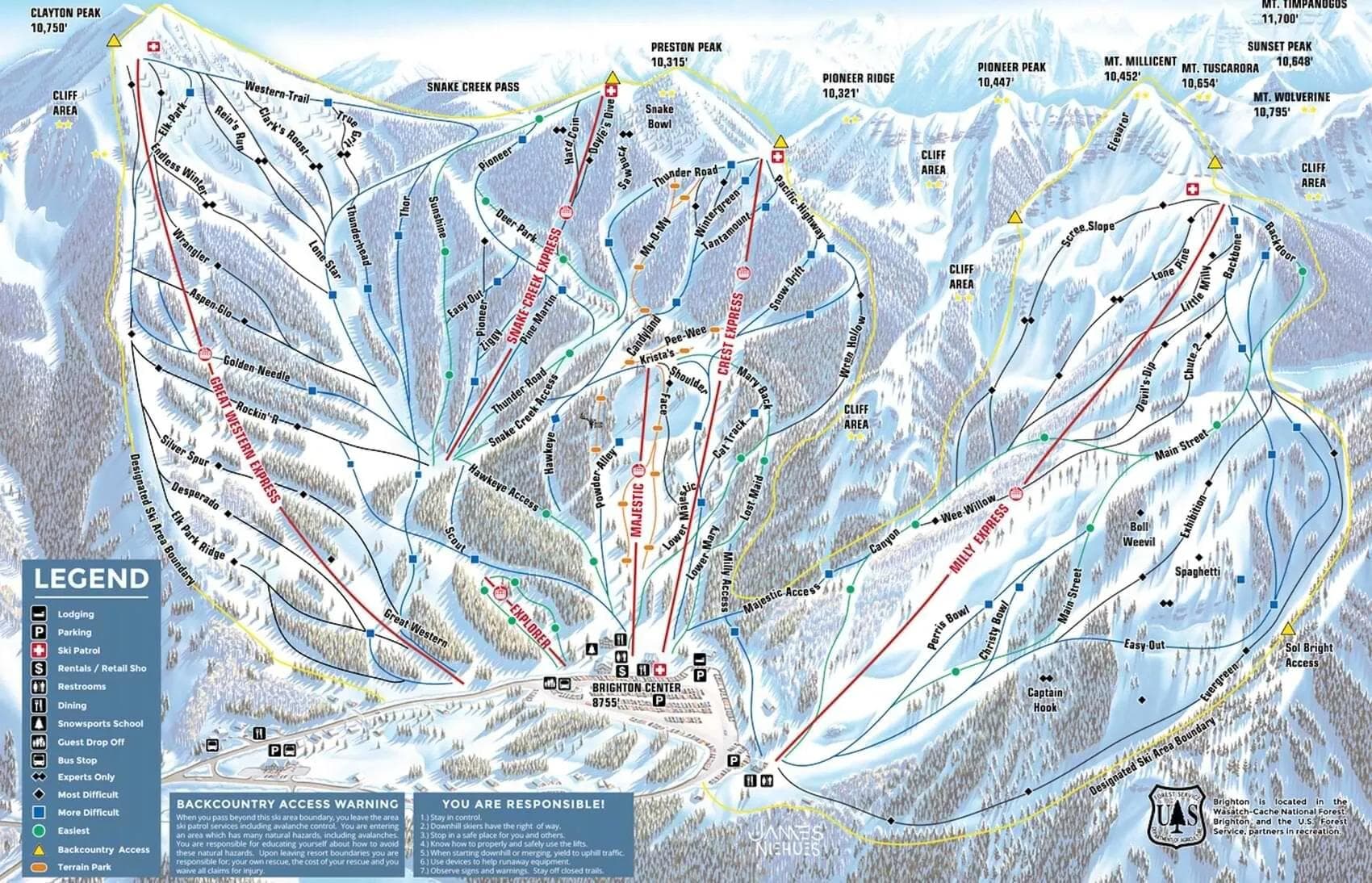 Brighton complete trail map showing all ski runs and lifts