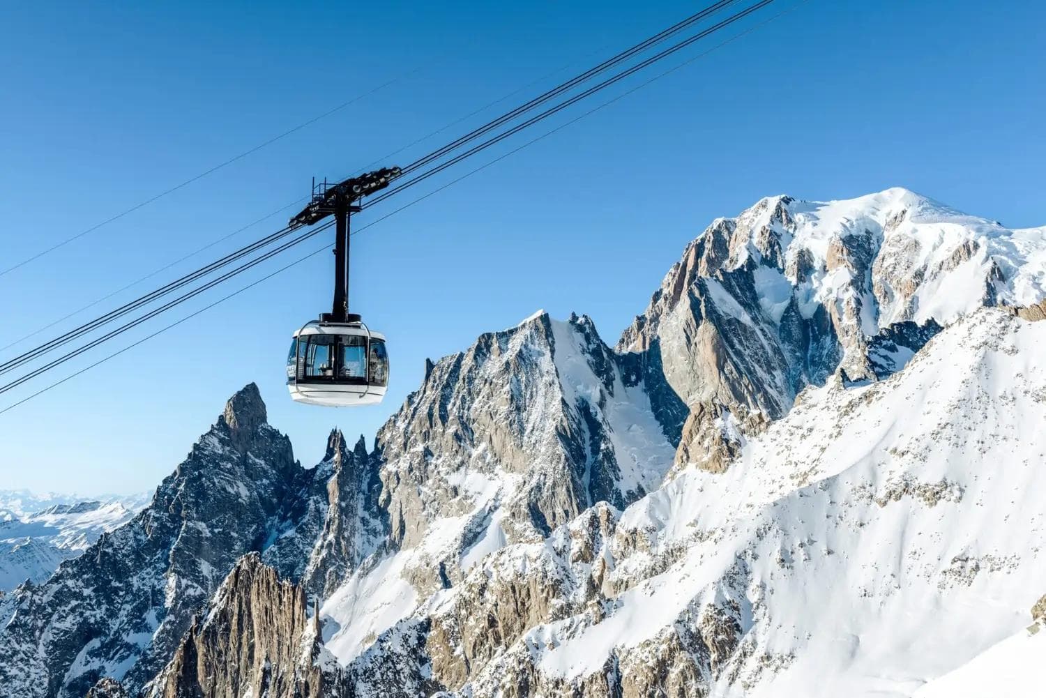 The aerial tram which takes riders high up under Mont Blanc