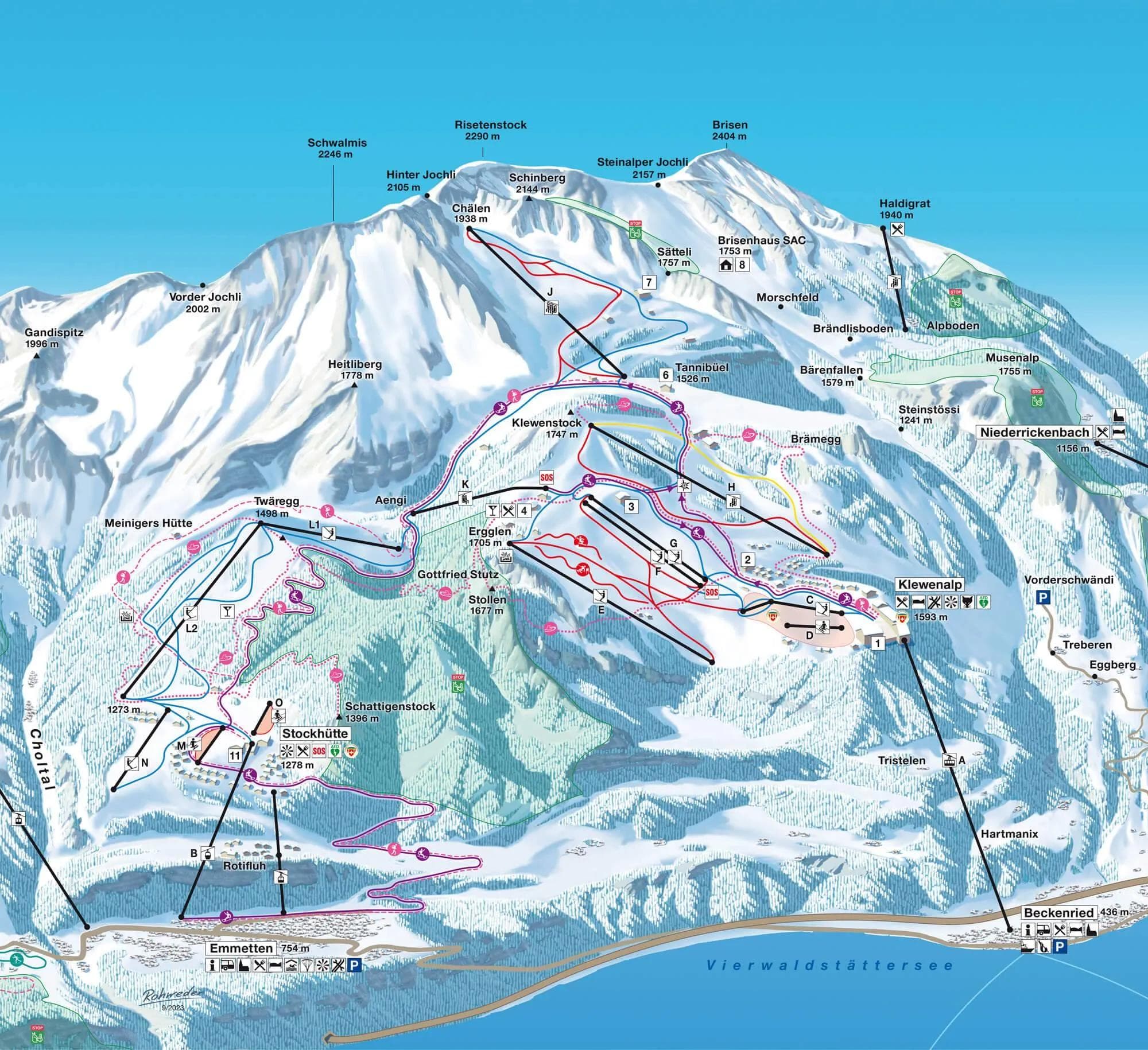 Klewenalp Stockhütte complete trail map showing all ski runs and lifts