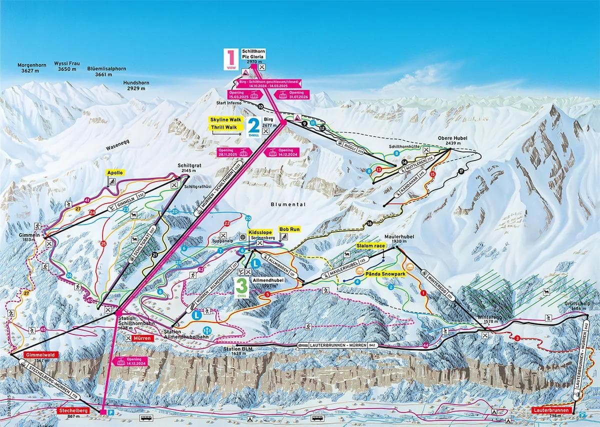 Mürren Schilthorn ski resort trail map.