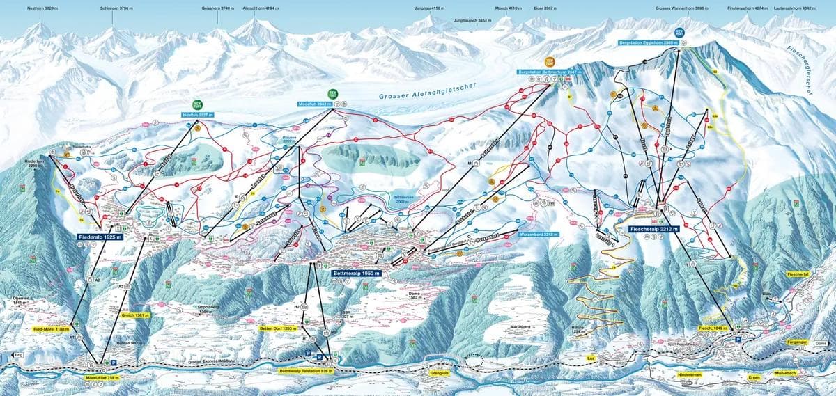 Aletsch Arena complete trail map showing all ski runs and lifts