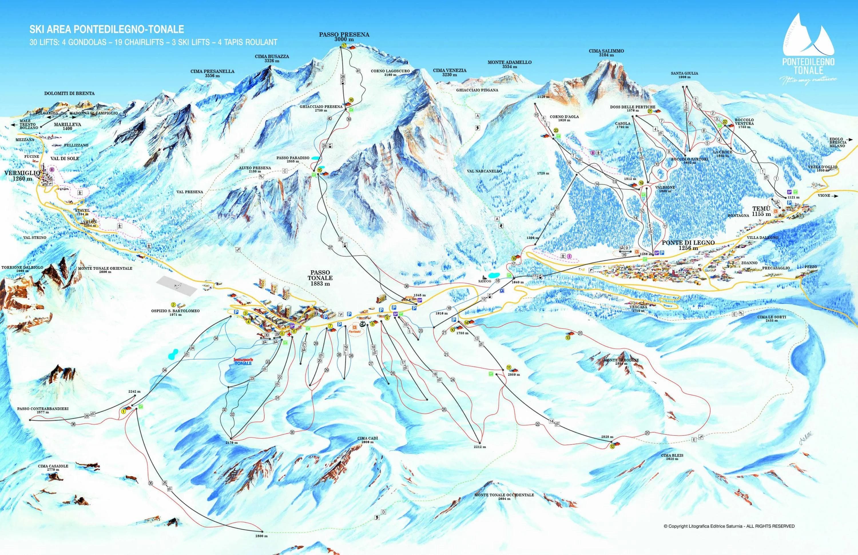 Ponte Dilegno Tonale complete trail map showing all ski runs and lifts