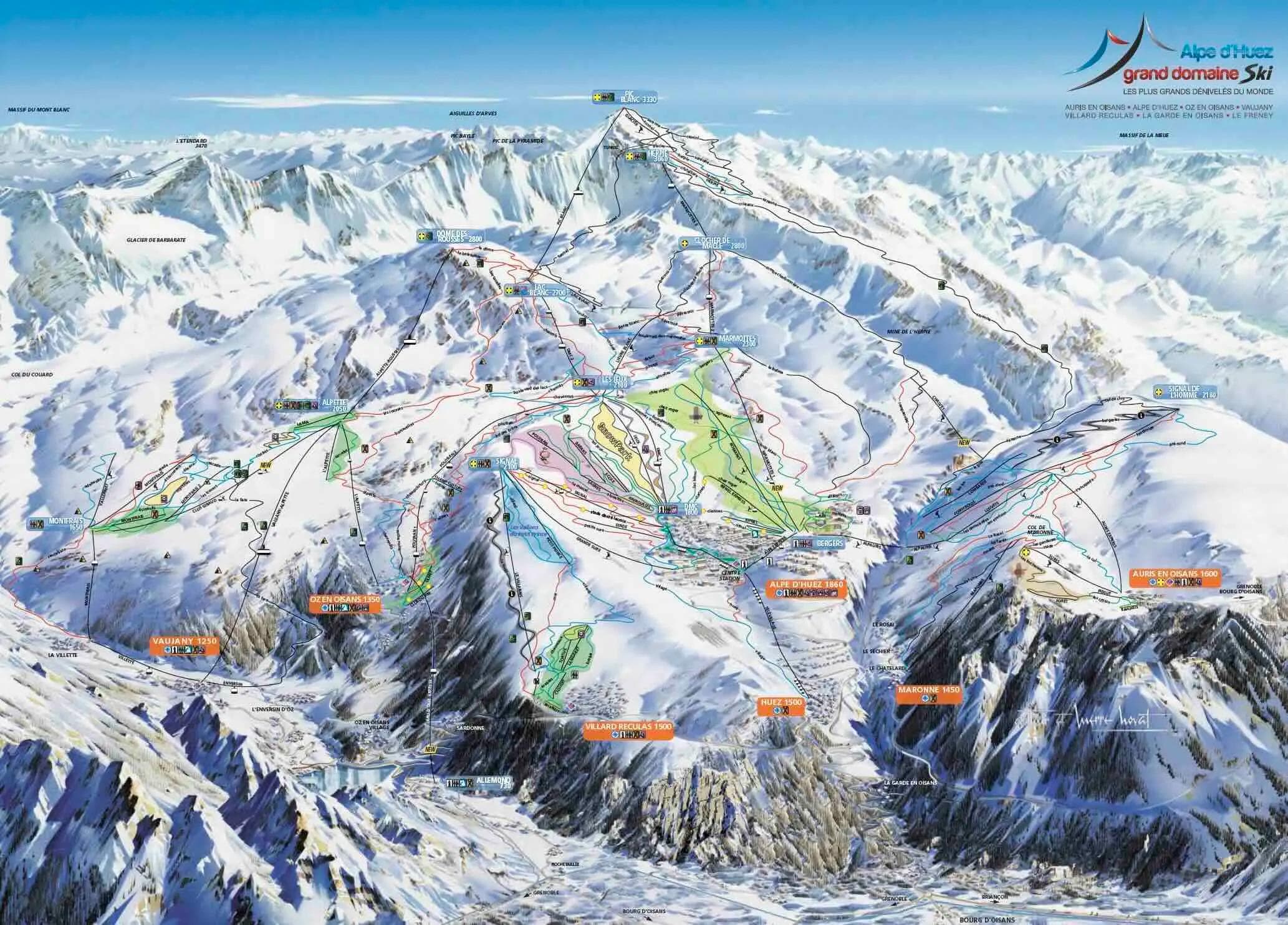 Alpe d'Huez complete trail map showing all ski runs and lifts