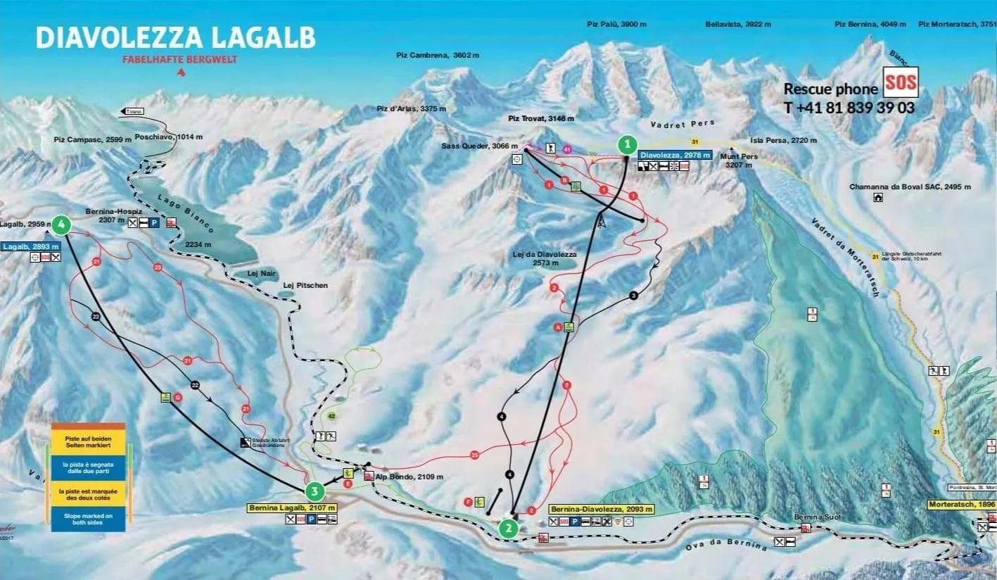 Diavolezza complete trail map showing all ski runs and lifts