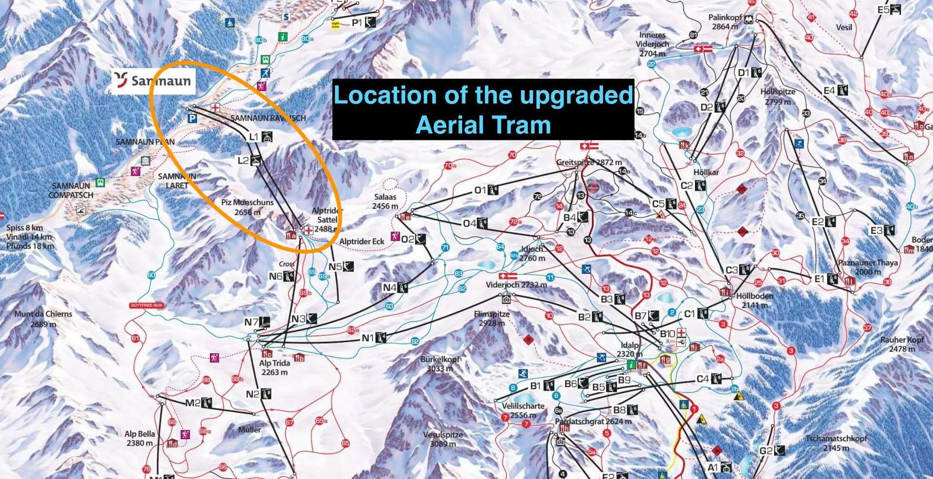 The location of the upgraded tram at Samnaun ski resort.
