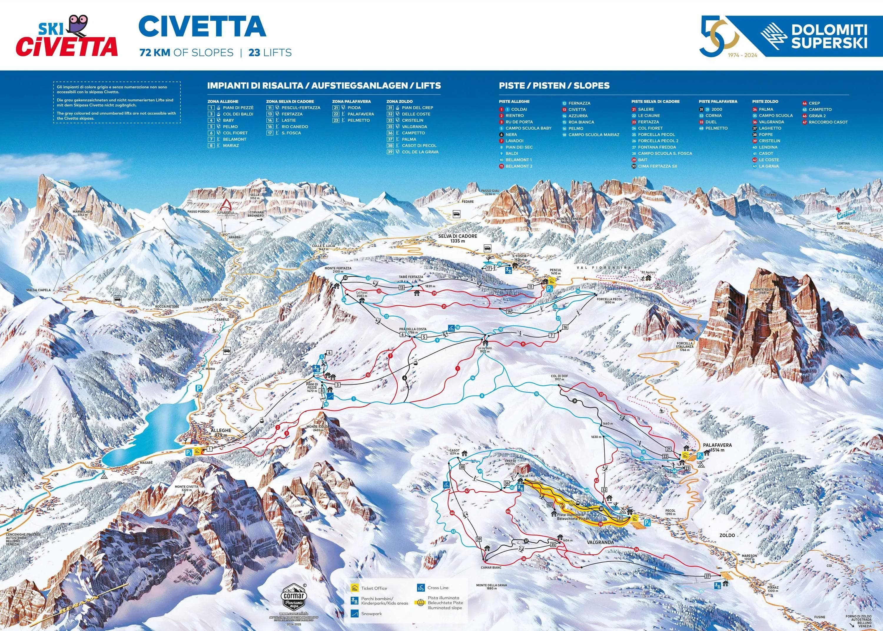 Civetta complete trail map showing all ski runs and lifts
