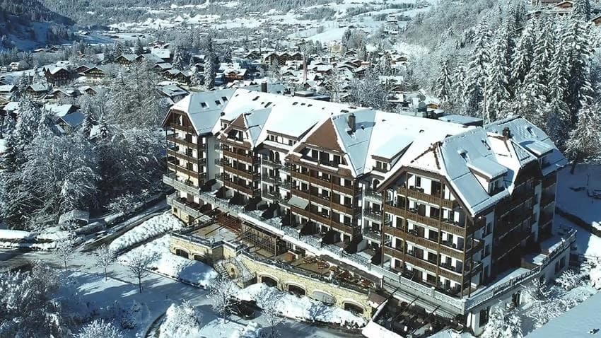 An aerial shot of the Park Gstaad Hotel in Switzerland