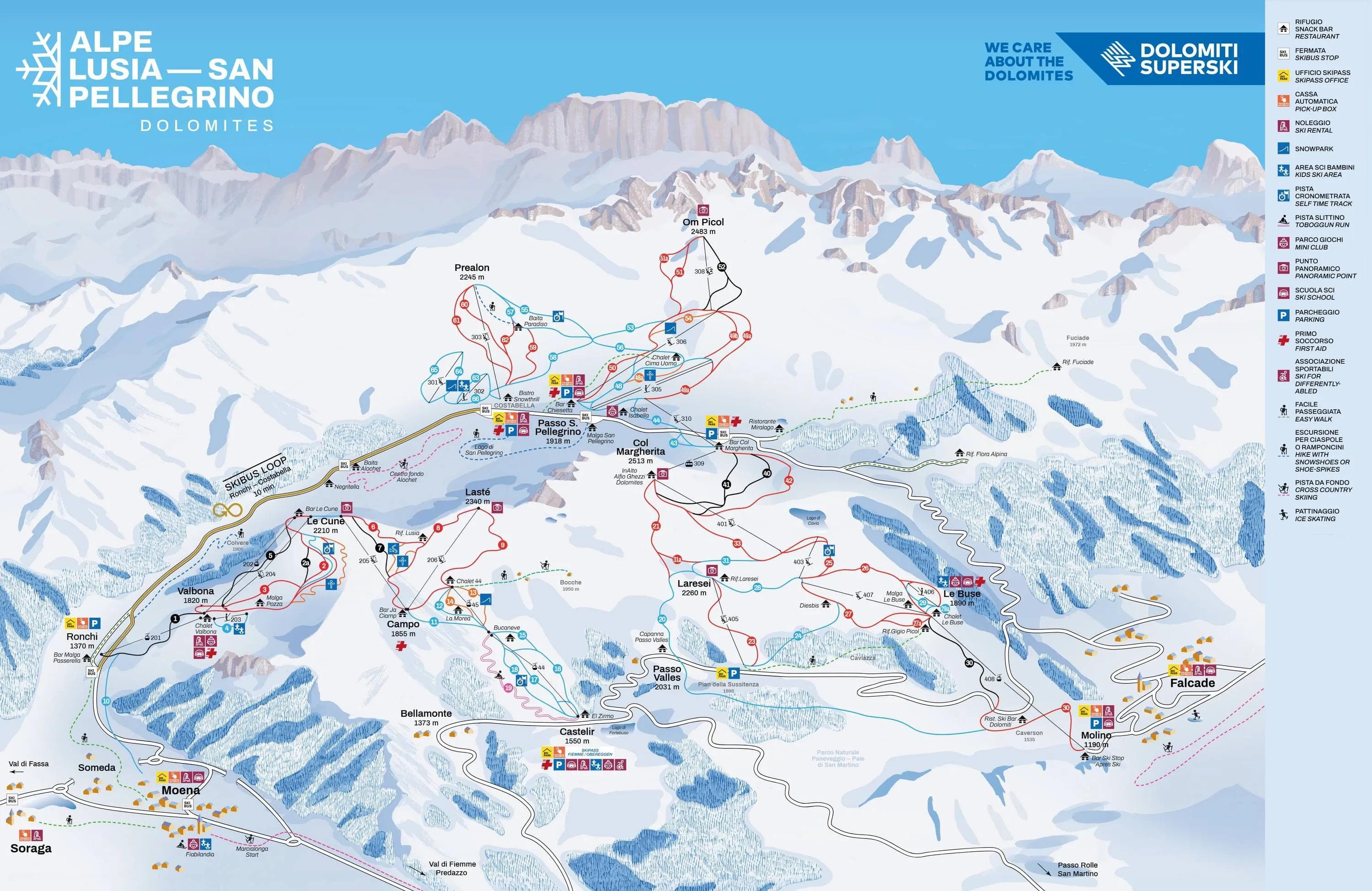 Passo San Pellegrino complete trail map showing all ski runs and lifts