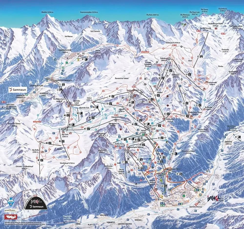 Ischgl complete trail map showing all ski runs and lifts