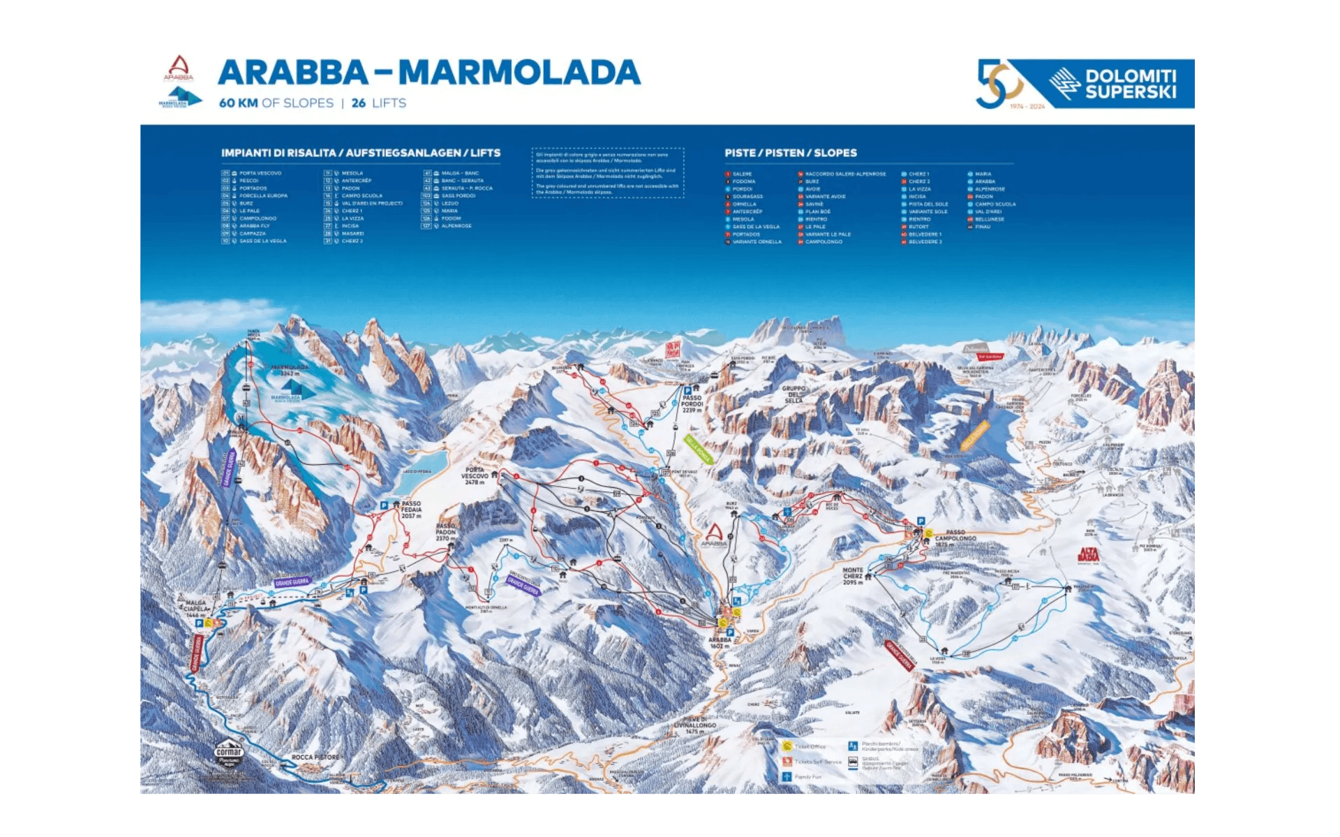 Arabba Marmolada complete trail map showing all ski runs and lifts
