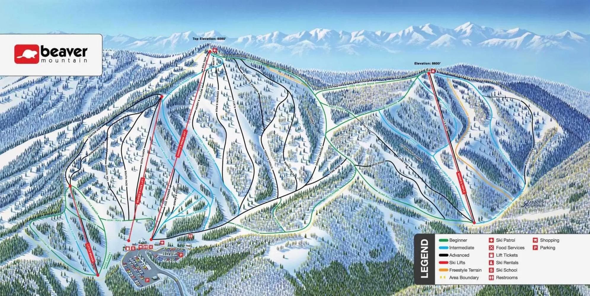 Beaver Mountain complete trail map showing all ski runs and lifts