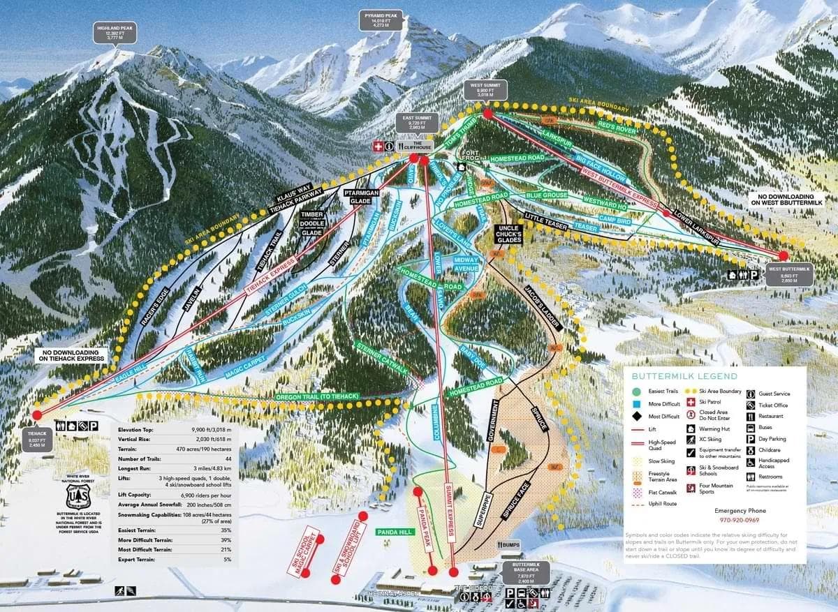Aspen Buttermilk complete trail map showing all ski runs and lifts