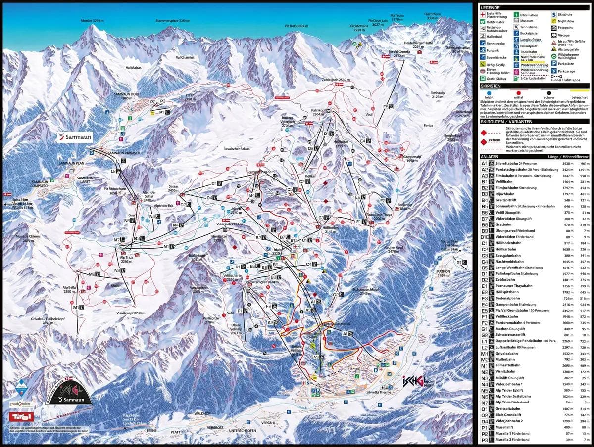 Samnaun – Silvretta Arena complete trail map showing all ski runs and lifts