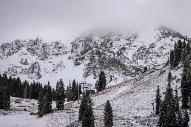 A view of Alta Ski Area reveals minimal snow cover on the slopes, highlighting the low snowfall totals.