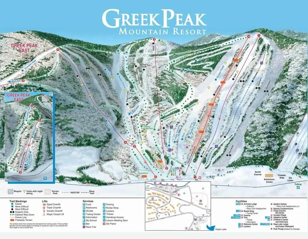 Greek Peak complete trail map showing all ski runs and lifts