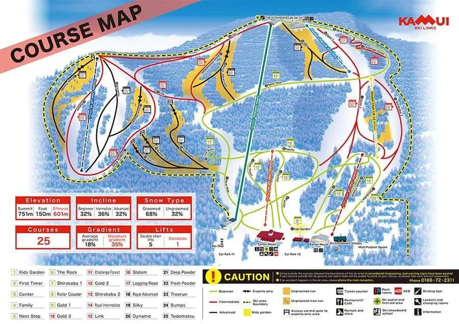 Kamui Ski Links complete trail map showing all ski runs and lifts