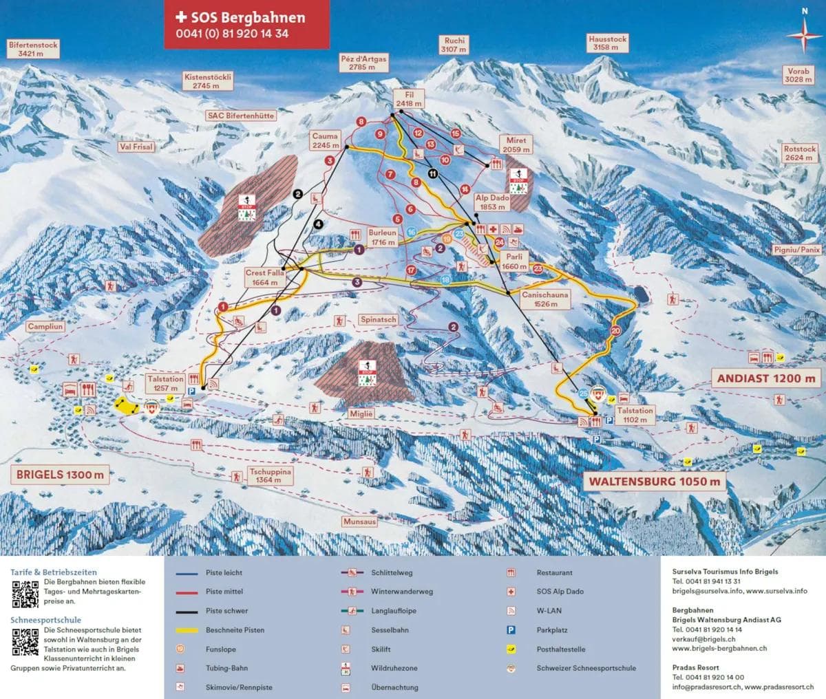 Brigels (Waltensburg/Andiast) complete trail map showing all ski runs and lifts