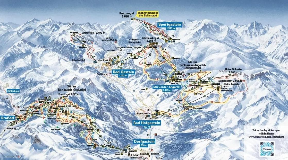 Gastein complete trail map showing all ski runs and lifts