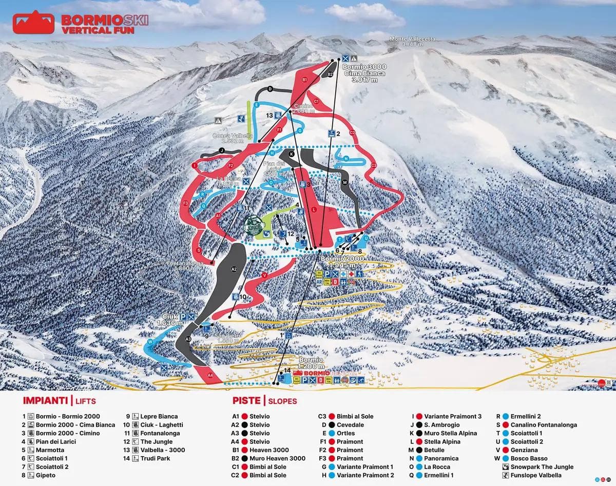 Bormio – Cima Bianca complete trail map showing all ski runs and lifts