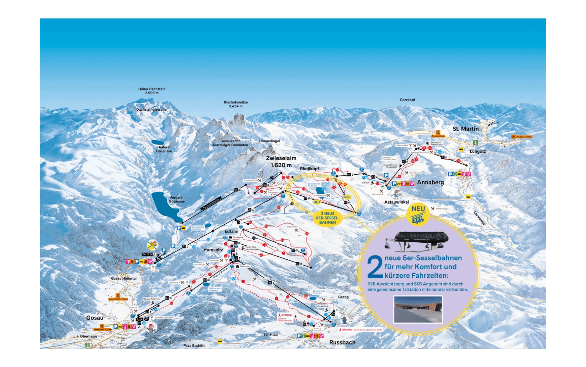 Dachstein West complete trail map showing all ski runs and lifts